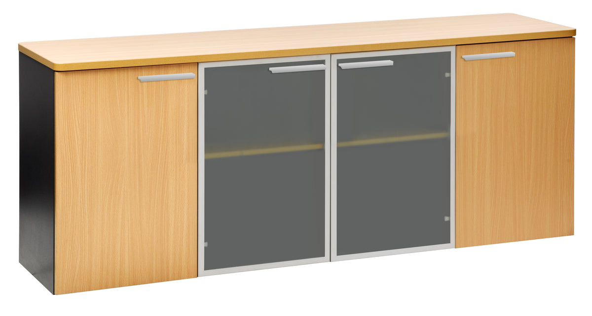 PULSE OFFICE CREDENZA 1800Wx450D IRONSTONE FRAME WITH BEECH TOP AND 4 DOORS -  2 BEECH PLUS 2 GLASS